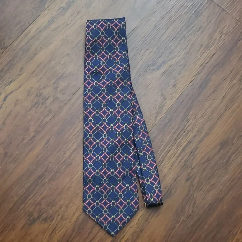 Vintage Gucci Mens Navy Red Horsebit Silk Tie